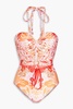 Ruched paisley-print halterneck swimsuit