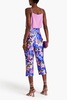 Belted copped floral-print silk-satin tapered pants