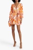 Crystal-embellished printed silk crepe de chine mini wrap dress