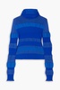 Striped ribbed-knit hooded turtleneck sweater