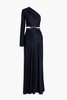 One-sleeve cutout embellished satin-jersey gown