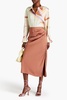 Ruched draped satin midi skirt