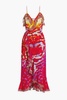 Embellished printed silk crepe de chine maxi wrap dress