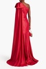 One-shoulder bow-detailed lamé gown