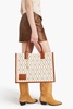 Leather-trimmed embroidered canvas tote