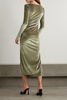 Asymmetric draped stretch-velvet midi dress