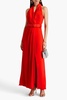 Lacey belted wrap-effect satin-crepe halterneck gown