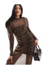 Object sheer ruched mesh maxi dress in brown abstract dot print