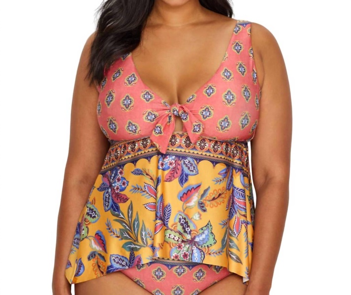 etc. tapestry bloom tie front tankini in multi