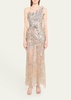 One-Shoulder Crystal Fern Embellished Column Gown