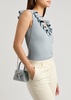 Micro crystal-embellished denim top handle bag