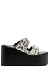 Python-effect leather platform wedge sliders 