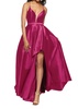 plunging neck strappy back high-low taffeta gown in raspberry