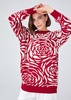 Rose Patterned Knitwear Fluffy Crew Neck Sweater  Red/Cream