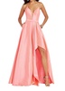 plunging neck strappy back high-low taffeta gown in coral