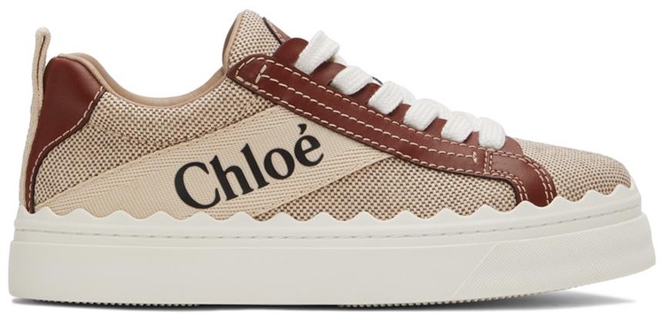 'Lauren' Beige Low Top Sneakers with Logo Detail and Brown Leather Trim in Canvas Woman