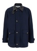 Blue Jacket With Leather Collar And Welt Chest Pockets In Cotton Man