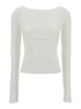 White Ribbed Top with Boat Neckline and Buttons in Rayon Blend Woman