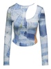 'Anja' Light Blue Long-Sleeve Top with Cut-Out and Denim Patch Print Woman