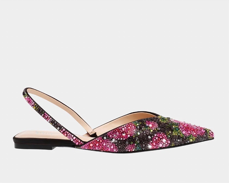 vance bejeweled flats in blk/pink floral