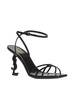 SAINT LAURENT Black Leather Sandals with Metallic Sculpture Heels and Adjustable Ankle Strap