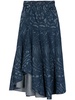 Printed Flare Denim Midi Skirt