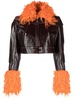 feather-trim cropped leather jacket