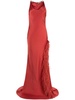 feather-trim satin gown