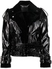 shearling-collar patent-leather jacket