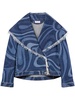 abstract-print frayed-edge denim jacket