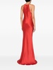 feather-trim satin gown