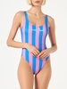 Woman Dust Blue And Pink Striped Print One Piece Swimsuit