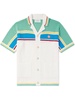 Camp-Collar Logo-Appliquéd Striped Open-Knit Stretch-Cotton Shirt