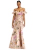 off-the-shoulder ruffle neck floral satin trumpet gown