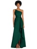 one-shoulder satin gown with draped front slit and pockets