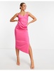 Vesper satin midi dress with thigh slit detail in hot pink