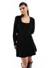 River Island square neck mini dress with button detail in black