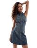 COLLUSION halterneck denim biker midi dress in dirty wash