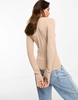 River Island long sleeve fitted v-neck top in dark beige