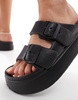 ASOS DESIGN Freestyle flatform double buckle footbed sliders in black