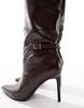 ASOS DESIGN Crowd high-heeled pointed knee boots with buckle detail in brown