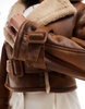 Bershka belted suede and shearling jacket in brown