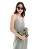 Stradivarius linen blend cami maxi dress in washed khaki