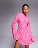 ASOS DESIGN long sleeve mini dress with high neck and open back in pink burnout