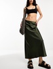 River Island satin slip maxi skirt in khaki