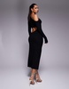 ASOS DESIGN fallen shoulder long sleeve ruched cut out midi dress in black