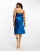 River Island Plus belted satin slip midi dress in blue