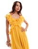 ASOS DESIGN ruffle off the shoulder cut out wide leg jumpsuit in mustard