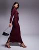 ASOS DESIGN long sleeve ruched maxi dress with satin corset detail in burgundy