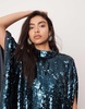 ASOS EDITION sequin high neck cape sleeve mini dress with asymmetric hem in dark blue